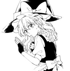 Rule 34 | 1girl, apron, black gloves, black hat, black skirt, black vest, bow, braid, commentary request, finger to mouth, fingerless gloves, gloves, greyscale, hair bow, hands up, hat, hat bow, kirisame marisa, long hair, looking at viewer, looking back, monochrome, natsume (menthol), shirt, short sleeves, simple background, single braid, skirt, solo, touhou, upper body, vest, waist apron, white background, white shirt, witch hat