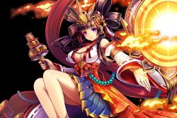 Rule 34 | 1girl, amaterasu (kamihime), breasts, brown hair, cleavage, fire, japanese clothes, kamihime project r, large breasts, legs, looking at viewer, miko, purple eyes, smile