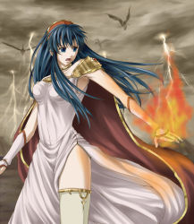 Rule 34 | 1girl, armpits, bad id, bad pixiv id, bare shoulders, battle, blue eyes, blue hair, cloud, cloudy sky, delsaber, dragon, dress, electricity, fire, fire emblem, fire emblem: the binding blade, hat, jewelry, lilina (fire emblem), long hair, nintendo, open mouth, side slit, sky, solo focus, storm, thighhighs, white dress, white thighhighs