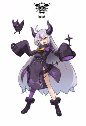Rule 34 | 1girl, absurdres, ahoge, ankle cuffs, ascot, belt, bird, black belt, black footwear, boots, braid, braided bangs, chain, coat, collar, crow, crow (la+ darknesss), demon girl, demon horns, fang, full body, grey hair, hair between eyes, highres, hololive, horns, insignia, la+ darknesss, la+ darknesss (1st costume), light blush, long hair, long sleeves, looking at viewer, metal collar, multicolored hair, open clothes, open mouth, pointy ears, purple coat, purple hair, purple horns, purple thighhighs, simple background, single thighhigh, sleeves past fingers, sleeves past wrists, slit pupils, smile, standing, starcat, streaked hair, striped horns, tail, thighhighs, v-shaped eyebrows, very long hair, virtual youtuber, white background, wide sleeves, yellow ascot, yellow eyes