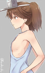 Rule 34 | 10s, 1girl, breasts, brown eyes, brown hair, flat chest, hat, kanden sky, kantai collection, profile, ryuujou (kancolle), shirt, sideboob, sleeveless, sleeveless shirt, small breasts, solo, twintails