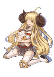 Rule 34 | 10s, 1girl, a.t. zero, absurdres, ahoge, anila (granblue fantasy), bad id, bad pixiv id, bare arms, black skirt, blonde hair, blunt bangs, blush, breasts, cleavage, draph, eyebrows, granblue fantasy, highres, horns, large breasts, long hair, miniskirt, pleated skirt, sailor collar, sheep, sheep horns, simple background, skirt, solo, strapless, thick eyebrows, thighhighs, tube top, very long hair, white background, white thighhighs, yellow eyes