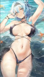 Rule 34 | 1girl, absurdres, areola slip, arm up, armpits, bare shoulders, bikini, black bikini, black hairband, blue hair, breasts, breasts apart, closed mouth, commentary request, covered erect nipples, criss-cross halter, day, eula (genshin impact), female pubic hair, from above, genshin impact, gluteal fold, groin, hair ornament, hairband, halterneck, highres, large breasts, long hair, looking at viewer, luobo (nsnr8754), lying, md5 mismatch, navel, on back, outdoors, pubic hair, resolution mismatch, shallow water, solo, source smaller, starfish, stomach, swimsuit, thighs, waist cape, water, wristband, yellow eyes