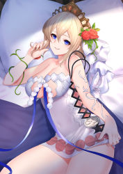 Rule 34 | 1girl, absurdres, argyle, argyle clothes, argyle cutout, bare shoulders, blonde hair, blue cape, blue eyes, blue ribbon, blush, breasts, cape, cleavage, closed mouth, clothing cutout, collarbone, dress, europa (granblue fantasy), flower, granblue fantasy, hair between eyes, hair flower, hair ornament, highres, large breasts, looking at viewer, ribbon, saru (pixiv13751598), short dress, short hair, smile, solo, thighs, tiara, white dress
