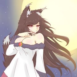 Rule 34 | 1girl, animal ears, breasts, brooch, brown hair, cleavage, cube85, dress, fingernails, full moon, imaizumi kagerou, jewelry, large breasts, licking lips, long hair, long sleeves, moon, red eyes, smile, solo, tail, tongue, tongue out, touhou, wolf ears, wolf tail