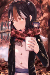 Rule 34 | 2girls, = =, arm at side, arm up, arrow (symbol), autumn leaves, bad id, bad pixiv id, black hair, black jacket, blush, bowl, bowl hat, commentary request, cup, day, disposable cup, dress, expressionless, grey horns, hat, highres, holding, holding cup, horns, jacket, kijin seija, looking to the side, mini person, minigirl, multicolored hair, multiple girls, open clothes, open jacket, open mouth, outdoors, red eyes, reflection, reflective water, scarf, shared clothes, shared scarf, short hair, sitting on shoulder, standing, streaked hair, sukuna shinmyoumaru, suzugahama, touhou, upper body, water, white dress