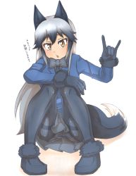 Rule 34 | 10s, 1girl, animal ears, arm rest, black footwear, black gloves, black hair, black neckwear, black pantyhose, blue jacket, bow, bowtie, brown eyes, buttons, commentary request, extra ears, fox ears, fox shadow puppet, fox tail, full body, fur-trimmed footwear, fur-trimmed sleeves, fur trim, gloves, grey hair, hand up, head tilt, highres, jacket, kemono friends, long hair, long sleeves, \\n/, necktie, panties, panties under pantyhose, pantyhose, pantyshot, see-through, shoes, silver fox (kemono friends), skirt, solo, squatting, tail, thin (suzuneya), translation request, underwear
