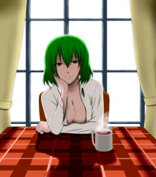 Rule 34 | 1girl, arm rest, backlighting, bad id, bad pixiv id, breasts, chair, cleavage, coffee, coffee mug, collarbone, collared shirt, cup, curtains, green hair, hand on own cheek, hand on own face, highres, kazami yuuka, large breasts, looking at viewer, morning, mug, no bra, open clothes, open shirt, plaid, pov, red eyes, shadow, shirt, short hair, sitting, smile, solo, steam, sunlight, table, tablecloth, touhou, white shirt, window, yashi zaki