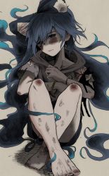 Rule 34 | 1girl, absurdres, bare legs, barefoot, blue bow, blue eyes, blue hair, blue skirt, bow, bracelet, bright pupils, bruise, collarbone, debt, grey hoodie, hair between eyes, hair bow, highres, hood, hood down, hoodie, huge filesize, igarashi yuusuke (wabisabi buriki), injury, jewelry, knees to chest, long hair, looking at viewer, muted color, shaded face, short sleeves, sitting, skirt, solo, torn clothes, torn sleeves, touhou, very long hair, wavy mouth, white pupils, yorigami shion