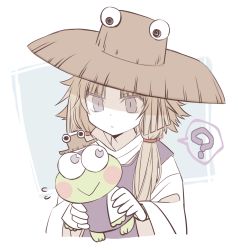 Rule 34 | 1girl, 1other, :&gt;, :|, ?, animal, bad id, bad twitter id, blonde hair, blouse, blush, blush stickers, closed mouth, commentary request, dot nose, flying sweatdrops, frog, hat, highres, holding, holding animal, kero kero keroppi, long hair, long sleeves, looking at another, low twintails, moi2m3, moriya suwako, muted color, parted bangs, purple eyes, purple vest, sanrio, shirt, simple background, slit pupils, spoken question mark, touhou, turtleneck, twintails, two-tone background, vest, white shirt, wide sleeves