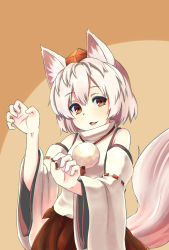 Rule 34 | 1girl, animal ear fluff, animal ears, bare shoulders, brown eyes, claw pose, cowboy shot, detached sleeves, fang, hat, inubashiri momiji, jd (bibirijd), light purple hair, light smile, looking at viewer, parted lips, short hair, simple background, solo, tail, tokin hat, touhou, wide sleeves, wolf ears, wolf tail