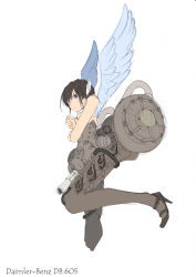 Rule 34 | 1girl, ankle strap, bare shoulders, blue eyes, brown hair, character name, closed mouth, crossed arms, engine, head wings, high heels, looking at viewer, looking back, mary janes, mecha musume, nano (nanosize), original, personification, shoes, short hair, simple background, sketch, solo, thighhighs, tube, white background, white wings, wings
