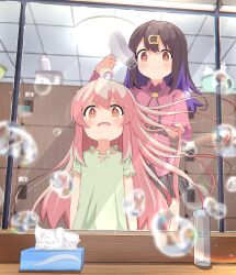 Rule 34 | 2girls, absurdres, ahoge, belt, black hair, bolo tie, commentary, d:, drying, drying hair, green shirt, hair between eyes, hair down, hair dryer, hair ornament, hairclip, highres, holding another&#039;s hair, indoors, light blush, long hair, long sleeves, mirror, multicolored hair, multiple girls, onii-chan wa oshimai!, open mouth, oyama mahiro, oyama mihari, pink hair, purple hair, red shirt, reflection, sharu06051, shirt, short sleeves, siblings, sisters, smile, soap bubbles, tissue box, two-tone hair, very long hair, wavy mouth, wing collar