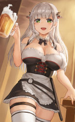 Rule 34 | 1girl, :d, absurdres, alcohol, beer, blunt bangs, breasts, bridal garter, cleavage, detached collar, green eyes, highres, hololive, hoshibudou, large breasts, looking at viewer, open mouth, shirogane noel, shirogane noel (dirndl), smile, solo, thigh strap, thighs, virtual youtuber