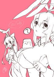 Rule 34 | 2girls, ahoge, blazblue, blush, breasts, es (xblaze), food, heart, highres, large breasts, leotard, mai natsume, multiple girls, playboy bunny, ponytail, pudding, question mark, rabbit ears, red background