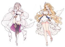 Rule 34 | 2girls, angel wings, asymmetrical footwear, bare legs, bare shoulders, black thighhighs, blonde hair, bob cut, bracelet, breasts, cape, dated, detached collar, detached sleeves, dress, flower, full body, fur cape, garter straps, gloves, grey cape, grey hair, hair flower, hair ornament, hand up, hands up, high-low skirt, high heels, jewelry, korean commentary, korean text, lemon89h, long hair, long sleeves, looking at viewer, medium breasts, multiple girls, original, short dress, short hair, simple background, single glove, smile, standing, thighhighs, thighlet, tiara, two-sided fabric, very long hair, white background, white footwear, white gloves, white wings, wings