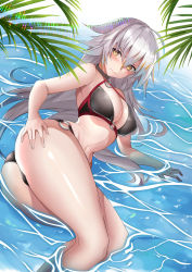 Rule 34 | 1girl, absurdres, ahoge, bikini, black bikini, black choker, breasts, choker, cleavage, closed mouth, commentary, day, english commentary, fate/grand order, fate (series), grey hair, highres, jeanne d&#039;arc alter (swimsuit berserker) (fate), jeanne d&#039;arc (fate), jeanne d&#039;arc alter (fate), jeanne d&#039;arc alter (swimsuit berserker) (fate), large breasts, light rays, long hair, lying, lying on water, navel, o-ring, o-ring bikini, o-ring bottom, o-ring top, on side, outdoors, palms, pat bharasarn, shallow water, swimsuit, very long hair, water, yellow eyes