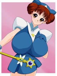 Rule 34 | 1990s (style), 1girl, atlus, blue dress, blue gloves, blue hat, blue skirt, breasts, brown hair, dress, female focus, gloves, gouketsuji ichizoku, hat, highres, holding, holding staff, holding weapon, large breasts, looking at viewer, magical girl, milkcarton man, miniskirt, retro artstyle, skirt, solo, staff, star (symbol), wand, weapon
