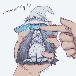 Rule 34 | 1girl, blue eyes, blue hair, blue skin, cheek poking, cloak, coat, colored skin, doll, doll joints, elden ring, embarrassed, english text, extra arms, extra faces, feet, fur cloak, fur coat, hat, highres, in palm, joints, legs, mini person, miniature ranni, minigirl, poking, ranni the witch, spoilers, tarnished (elden ring), tateoftot, tsundere, wavy hair, wavy mouth, witch, witch hat