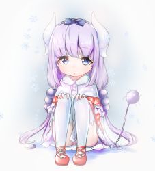 Rule 34 | 10s, 1girl, beads, black bow, black hairband, blue eyes, blunt bangs, bow, capelet, dayongqi, dragon girl, dragon horns, dragon tail, dress, full body, hair beads, hair bow, hair ornament, hairband, hands on own knees, highres, horns, kanna kamui, kobayashi-san chi no maidragon, light purple hair, long hair, long sleeves, looking at viewer, red footwear, shoes, short dress, simple background, sitting, snowflakes, solo, tail, thighhighs, thighs, twintails, white thighhighs, zettai ryouiki