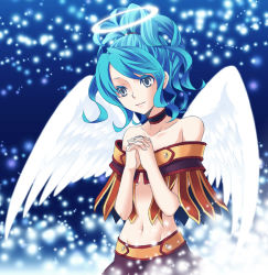 Rule 34 | 1girl, angel wings, bare shoulders, blue hair, breasts, choker, dragon quest, dragon quest ix, grey eyes, halo, heroine (dq9), kokutou, kokutou eiri, level-5, midriff, ponytail, short hair, skirt, small breasts, solo, underboob, wings