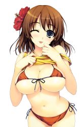 Rule 34 | 1girl, :p, absurdres, bare shoulders, bikini, blush, breasts, brown hair, cleavage, clothes lift, curvy, flower, front-tie top, green eyes, hair flower, hair ornament, hibiscus, highres, hip focus, huge breasts, large breasts, leaning forward, looking at viewer, micro bikini, navel, non-web source, one eye closed, original, shirt lift, short hair, side-tie bikini bottom, simple background, solo, standing, string bikini, swimsuit, tank top, tomose shunsaku, tongue, tongue out, underboob, wide hips, wink