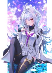 Rule 34 | 1girl, ;p, absurdres, ahoge, black gloves, black pantyhose, commentary request, dress, fate/grand order, fate (series), feet out of frame, fingerless gloves, gloves, grey hair, hair between eyes, hair intakes, highres, knee up, long hair, long sleeves, looking at viewer, merlin (fate), merlin (fate/prototype), one eye closed, pantyhose, pointy ears, red eyes, shibakame, sitting, solo, tongue, tongue out, very long hair, white dress