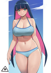 Rule 34 | 1girl, arm behind back, bare shoulders, bikini, blue bikini, blue sky, blue sports bra, blunt bangs, breasts, closed mouth, cloud, collarbone, commentary, covered erect nipples, donburi (donburikazoku), eyebrows hidden by hair, gluteal fold, halterneck, highres, large breasts, long hair, multicolored hair, nail polish, navel, panty &amp; stocking with garterbelt, pink hair, purple nails, sky, solo, sports bra, standing, stocking (psg), swimsuit, thigh gap, thighs, two-tone hair, very long hair