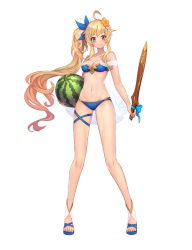 Rule 34 | 1girl, bare shoulders, bikini, blue bikini, breasts, cleavage, collarbone, flower, food, fruit, full body, hair flower, hair ornament, holding, long hair, looking at viewer, navel, official art, shoes, side ponytail, simple background, smile, solo, standing, swimsuit, sword, tenshi mikadokuni, thigh strap, toeless footwear, very long hair, watermelon, weapon, white background, wooden sword