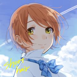 Rule 34 | 10s, 1girl, bad id, bad pixiv id, blue sky, blush, cloud, contrail, day, green eyes, highres, hoshizora rin, hotoke (zz orz), looking at viewer, love live!, love live! school idol project, messy hair, orange hair, short hair, sky, smile, solo, yellow eyes