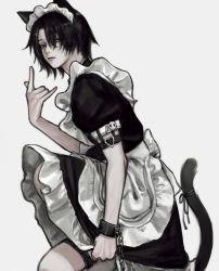 Rule 34 | 1boy, absurdres, animal ears, black eyes, black hair, cat ears, cat tail, clenched hand, feitan portor, hand up, highres, hunter x hunter, likeu 99, maid, maid headdress, male focus, parted bangs, short sleeves, solo, tail, trap, wrist cuffs