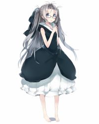 Rule 34 | 10s, 1girl, airi (robotics;notes), bare shoulders, barefoot, blue eyes, blush, bow, dress, glasses, hair bow, kou mashiro, long hair, looking at viewer, open mouth, robotics;notes, silver hair, solo, twintails, very long hair