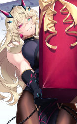 Rule 34 | 1girl, 7dango7, bare shoulders, black dress, black gloves, blonde hair, box, breasts, brown pantyhose, chain, dress, earrings, elbow gloves, barghest (fate), barghest (second ascension) (fate), fate/grand order, fate (series), gift, gift box, gloves, green eyes, grin, heterochromia, highres, horns, jewelry, large breasts, long hair, looking at viewer, pantyhose, pelvic curtain, red eyes, smile, solo, thighs