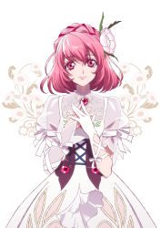 Rule 34 | 1girl, arm ribbon, asymmetrical sleeves, braid, closed mouth, dress, flower, gloves, hair between eyes, hair flower, hair ornament, hair ribbon, highres, long hair, looking at viewer, misella, namco, pinafore dress, pink hair, red eyes, red ribbon, ribbon, see-through, see-through sleeves, sleeveless, sleeveless dress, smile, solo, standing, tales of (series), tales of crestoria, tomaty., white background, white dress, white flower, white gloves, white ribbon