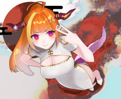 Rule 34 | 1girl, absurdres, ahoge, arm up, bad id, bad pixiv id, blonde hair, blunt bangs, blush, breasts, brooch, china dress, chinese clothes, cleavage, cleavage cutout, clothing cutout, commentary, dragon girl, dragon horns, dragon tail, dress, eyelashes, fang, fingernails, from above, full body, high heels, highres, holding, holding mahjong tile, hololive, horn ornament, horns, jewelry, kiryu coco, large breasts, long hair, looking at viewer, looking up, mahjong, mahjong tile, multicolored hair, muno, orange hair, ponytail, purple eyes, red eyes, short sleeves, side slit, sidelocks, solo, standing, streaked hair, symbol-only commentary, tail, teeth, toggles, v-shaped eyebrows, virtual youtuber, white footwear