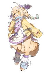 Rule 34 | 1girl, :d, animal nose, artist name, blonde hair, blue scarf, blunt bangs, body fur, bone hair ornament, bow, bowtie, braid, capelet, cardigan, commission, dog girl, dog tail, dress, ear covers, fang, fewer digits, fish7163, frilled dress, frilled leg warmers, frills, full body, furry, furry female, gradient hair, hair bow, hair ornament, hand up, heterochromia, highres, kneehighs, leg warmers, looking at viewer, medium hair, multicolored hair, open cardigan, open clothes, open mouth, orange fur, original, pink bow, pink bowtie, purple capelet, purple eyes, purple socks, scarf, signature, simple background, skin fang, sleeves past wrists, smile, socks, solo, standing, striped clothes, striped socks, tail, tail cover, toeless legwear, twin braids, two-tone hair, watermark, white background, white dress, yellow cardigan, yellow eyes