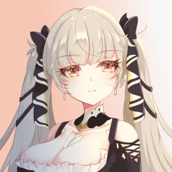 Rule 34 | 1girl, azur lane, black ribbon, breasts, cleavage, closed mouth, collarbone, earrings, formidable (azur lane), hair ribbon, jewelry, large breasts, long hair, looking away, maid, orange eyes, platinum blonde hair, ribbon, simple background, solo focus, toto tony, twintails
