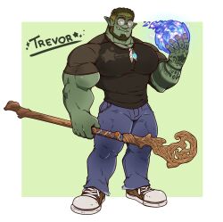 Rule 34 | 1boy, absurdres, bara, beard, black hair, body markings, bulge, character name, colored skin, denim, dungeons &amp; dragons, facial hair, full beard, full body, glasses, green skin, hamu bear, highres, holding, holding staff, huge eyebrows, huge pectorals, inset border, jeans, jewelry, large hands, large pectorals, looking at viewer, magic, male focus, monster boy, multicolored hair, muscular, muscular male, orc, original, pants, pectorals, pendant, pointy ears, round eyewear, shoes, sneakers, solo, staff, standing, streaked hair, thick beard, thick thighs, thighs, trevor ulfgarsson (hamu bear), tusks, two-tone background