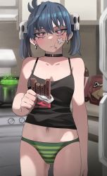 Rule 34 | 1girl, black camisole, black choker, blue hair, blush, camisole, chocolate, chocolate on face, choker, commentary, cooking pot, eating, english commentary, food, food on face, green panties, hair ornament, highres, holding, holding food, indoors, ji-yoon (jourd4n), jourd4n, kitchen, long hair, looking at viewer, midriff, nail polish, navel, original, panties, purple eyes, skull hair ornament, solo, standing, striped clothes, striped panties, twintails, underwear, underwear only