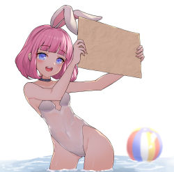Rule 34 | 1girl, :d, animal ears, bad id, bad pixiv id, ball, beachball, blue eyes, blunt bangs, blurry, bob cut, breasts, choker, covered navel, dduck kong, depth of field, gluteal fold, highres, leotard, open mouth, original, pink hair, rabbit ears, short hair, small breasts, smile, solo, standing, template, wading
