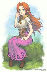 Rule 34 | animal, belt, bird, blue eyes, boots, breasts, brown belt, brown footwear, brown hair, cow, cremia, dress, english text, forehead, gofelem, large breasts, long hair, long skirt, looking at viewer, malon, neckerchief, nintendo, outdoors, pink skirt, pointy ears, shirt, short sleeves, siblings, sidelocks, skirt, smile, solo, standing, the legend of zelda, the legend of zelda: majora&#039;s mask, very long hair, white dress, white shirt, yellow neckerchief