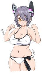 Rule 34 | 10s, 1girl, bikini, blush, breasts, cleavage, covered erect nipples, curvy, eyepatch, fang, female focus, headgear, jpeg artifacts, kantai collection, large breasts, looking at viewer, navel, necktie, plump, purple hair, short hair, simple background, smile, solo, swimsuit, tenryuu (kancolle), tsuji santa, wide hips, yellow eyes