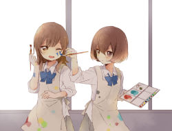 Rule 34 | 2girls, apron, art brush, bow, bowtie, brown eyes, brown hair, confession, multiple girls, namori, one eye closed, open mouth, original, paint, paintbrush, painting (action), palette (object), school uniform, short hair, sleeves rolled up, tsundere, wink, yuri