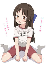 Rule 34 | 1girl, blue bow, blush, bow, brown eyes, brown hair, commentary request, full body, grey socks, gym shirt, gym shorts, gym uniform, hair bow, highres, idolmaster, idolmaster cinderella girls, long hair, looking at viewer, name tag, no shoes, open mouth, parted bangs, puffy short sleeves, puffy sleeves, red shorts, shadow, shirt, short sleeves, shorts, simple background, sitting, socks, solo, tachibana arisu, takasuma hiro, translation request, wariza, wavy mouth, white background, white shirt