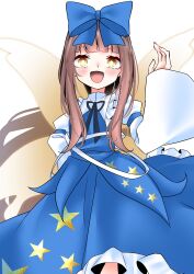Rule 34 | 1girl, absurdres, blue dress, blue ribbon, blush, brown hair, dress, fairy, fairy wings, highres, long hair, long sleeves, looking at viewer, noci (fumei no kuni), open mouth, ribbon, smile, solo, star (symbol), star sapphire, touhou, wings, yellow eyes