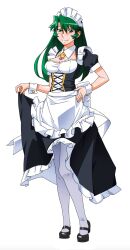 Rule 34 | 1girl, apron, black footwear, breasts, cleavage, clothes lift, detached collar, full body, green eyes, green hair, highres, large breasts, lifted by self, looking at viewer, maid, maid apron, maid headdress, mary janes, non-web source, pantyhose, photoshop (medium), shoes, shoko (super real mahjong), simple background, skirt, skirt lift, smile, solo, standing, super real mahjong, waist apron, white apron, white background, white pantyhose, wristband