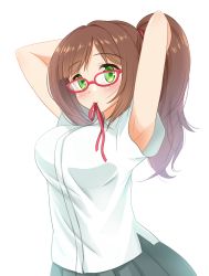 Rule 34 | 1girl, alternate hair length, alternate hairstyle, animal ears, armpit peek, arms up, bespectacled, blush, breasts, brown hair, cat ears, cat tail, closed mouth, collared shirt, glasses, green eyes, green skirt, hairdressing, highres, idolmaster, idolmaster cinderella girls, kemonomimi mode, kibihimi, large breasts, long hair, looking at viewer, maekawa miku, mouth hold, pleated skirt, ponytail, red-framed eyewear, shirt, short sleeves, simple background, skirt, smile, solo, tail, tareme, upper body, white background, white shirt, wing collar