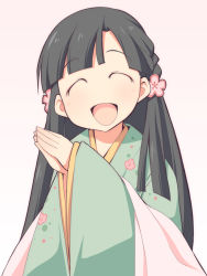 Rule 34 | 10s, 1girl, :d, ^ ^, bad id, bad pixiv id, black hair, blush, braid, closed eyes, floral print, flower, gradient background, hair flower, hair ornament, idolmaster, idolmaster cinderella girls, japanese clothes, kimono, kobayakawa sae, long hair, long sleeves, no nose, open mouth, own hands together, smile, solo, uccow, wide sleeves