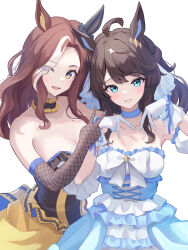 Rule 34 | 2girls, ahoge, alternate costume, animal ears, armpits, black hair, blush, breasts, brown hair, cleavage, closed mouth, collarbone, commentary request, daring heart (umamusume), daring tact (umamusume), detached sleeves, gloves, highres, horse girl, kashmir 0808, looking at viewer, mole, mole on breast, multiple girls, open mouth, simple background, umamusume, white background
