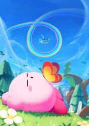 Rule 34 | blue sky, bug, butterfly, closed eyes, flower, full body, grass, highres, insect, kirby, kirby (series), nintendo, no humans, outdoors, rainbow, scenery, ship, sky, sleeping, solo, star (symbol), suyasuyabi, tree, watercraft, white flower, wind